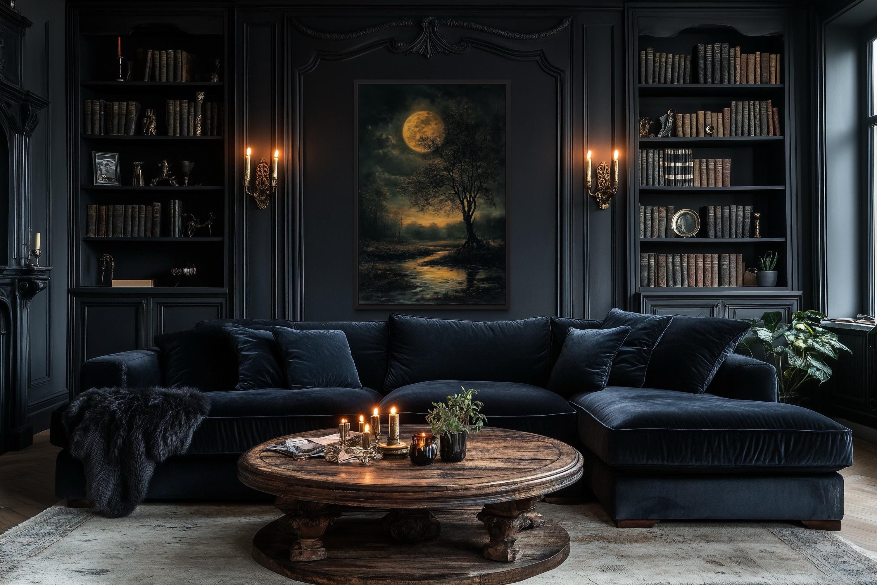Gothic Full Moon Over Forest  – Spooky Tree and Reflecting Water Landscape Halloween Wall Art