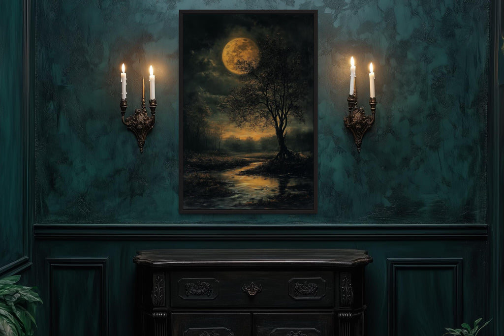 Gothic Full Moon Over Forest  – Spooky Tree and Reflecting Water Landscape Halloween Wall Art