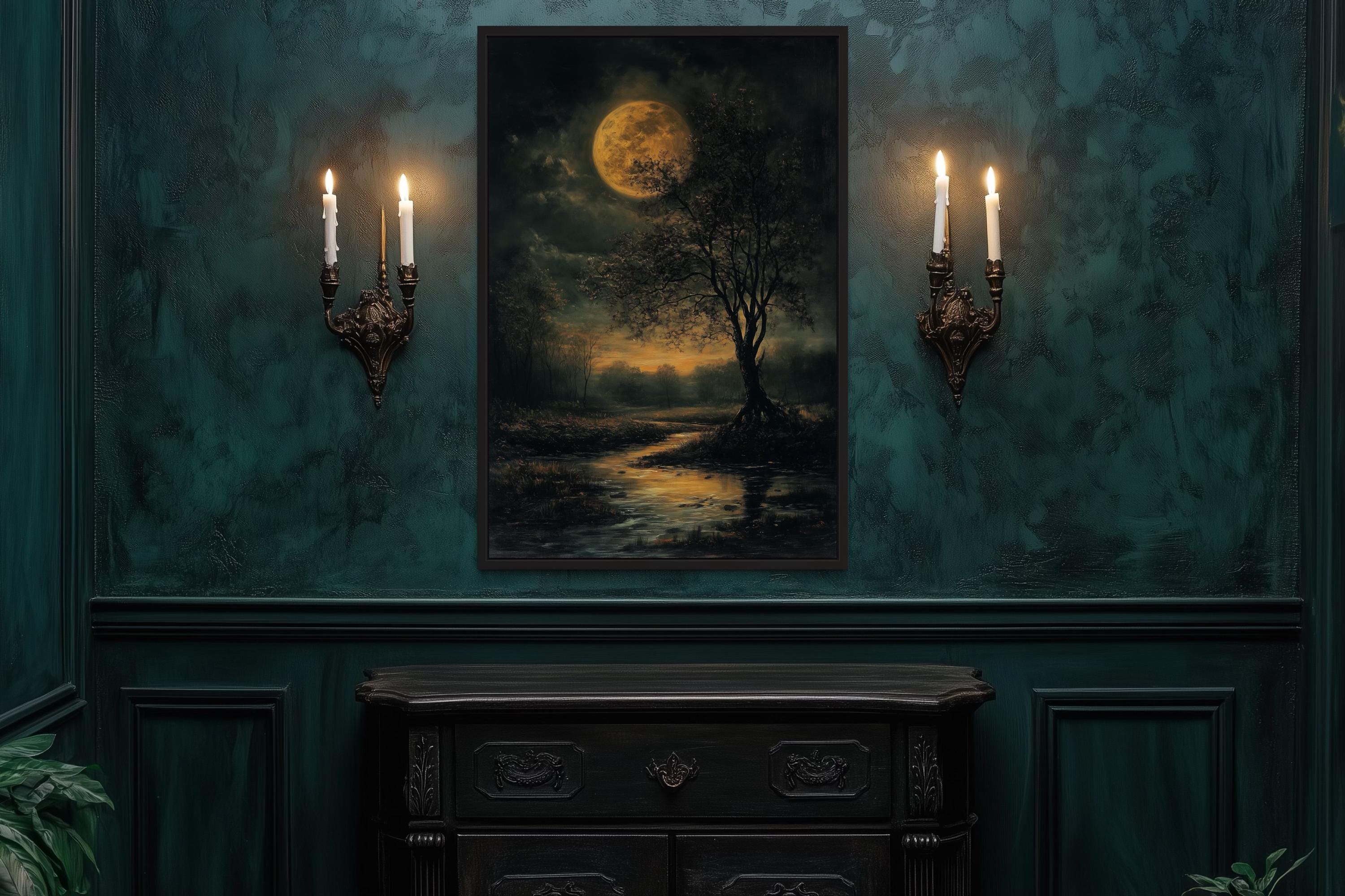 Gothic Full Moon Over Forest  – Spooky Tree and Reflecting Water Landscape Halloween Wall Art