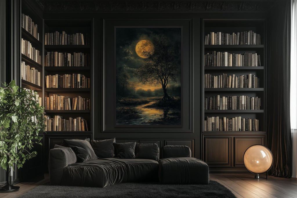 Gothic Full Moon Over Forest  – Spooky Tree and Reflecting Water Landscape Halloween Wall Art