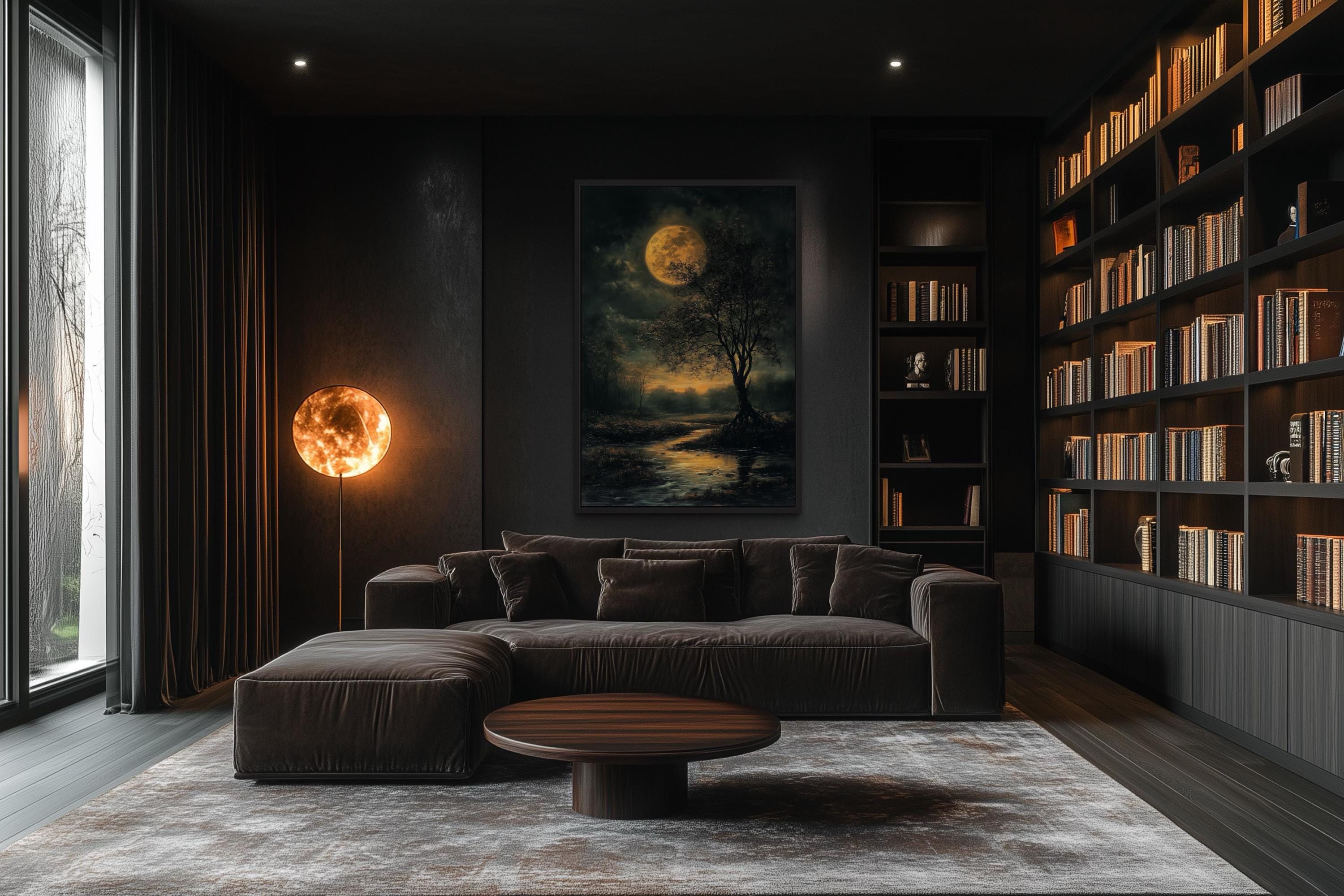 Gothic Full Moon Over Forest  – Spooky Tree and Reflecting Water Landscape Halloween Wall Art