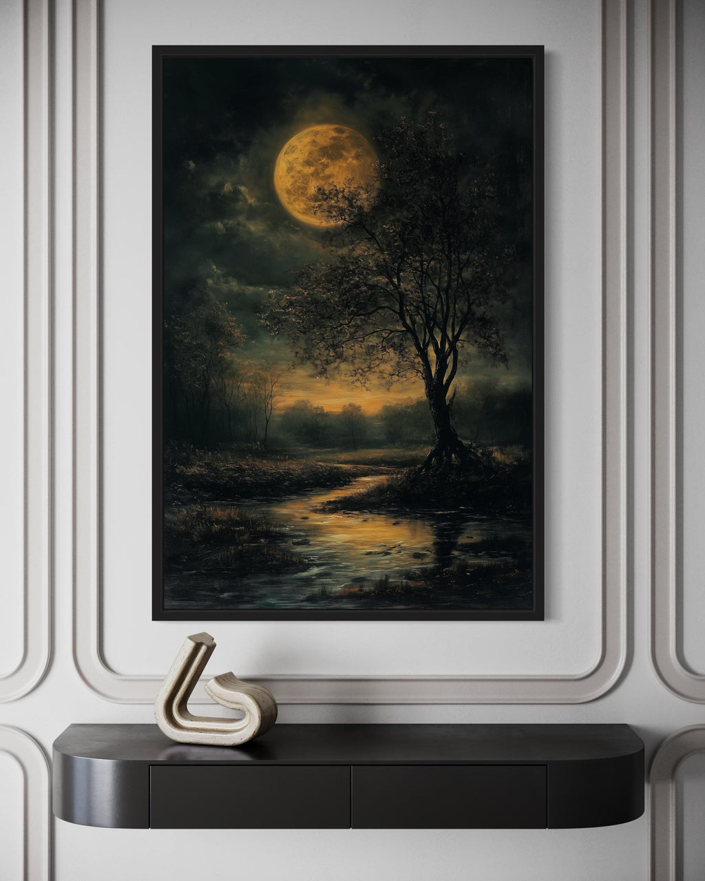 Gothic Full Moon Over Forest  – Spooky Tree and Reflecting Water Landscape Halloween Wall Art