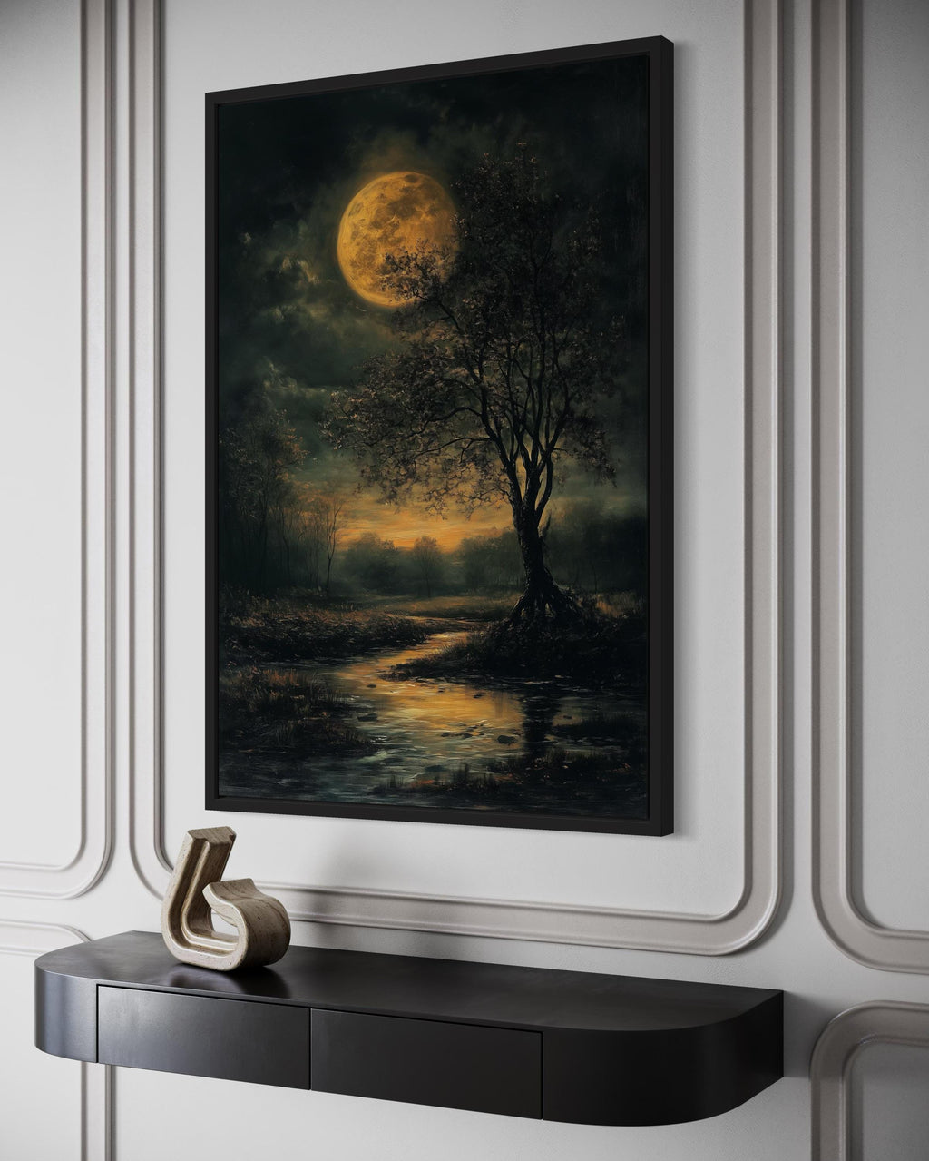Gothic Full Moon Over Forest  – Spooky Tree and Reflecting Water Landscape Halloween Wall Art