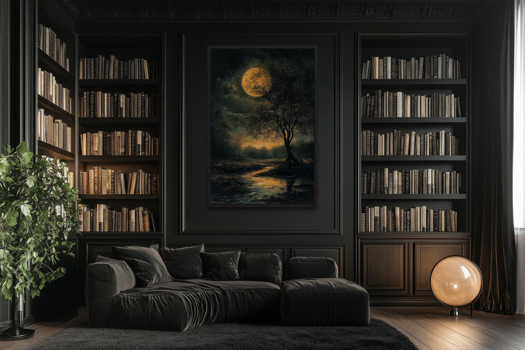 Gothic Full Moon Over Forest  – Spooky Tree and Reflecting Water Landscape Halloween Wall Art