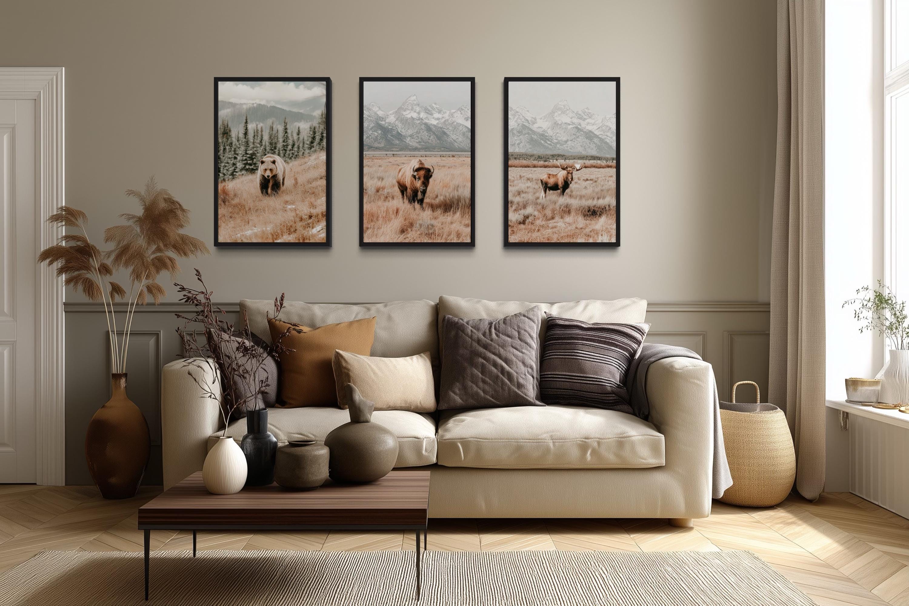 Grand Teton Wildlife Wall Art Set of 3 – Neutral Color Bear, Moose, and Bison Photography Style Prints