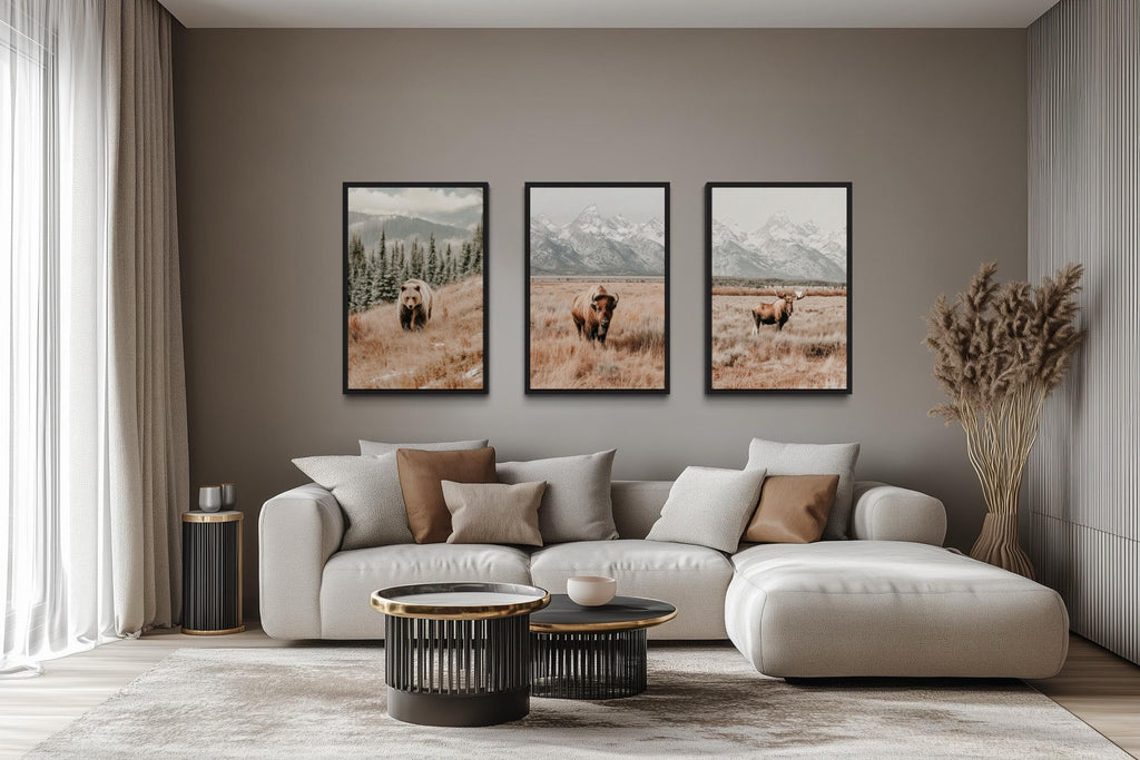 Grand Teton Wildlife Wall Art Set of 3 – Neutral Color Bear, Moose, and Bison Photography Style Prints