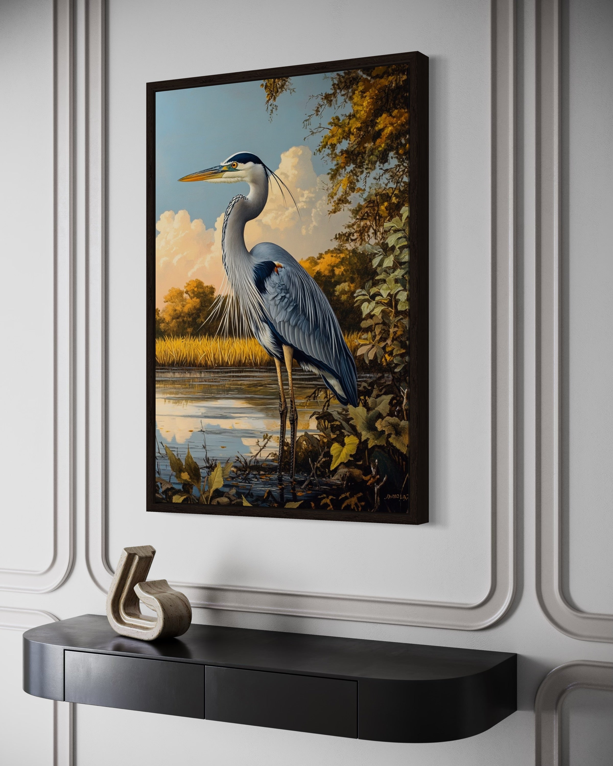 Great Blue Heron In Marshland Framed Canvas Wall Art