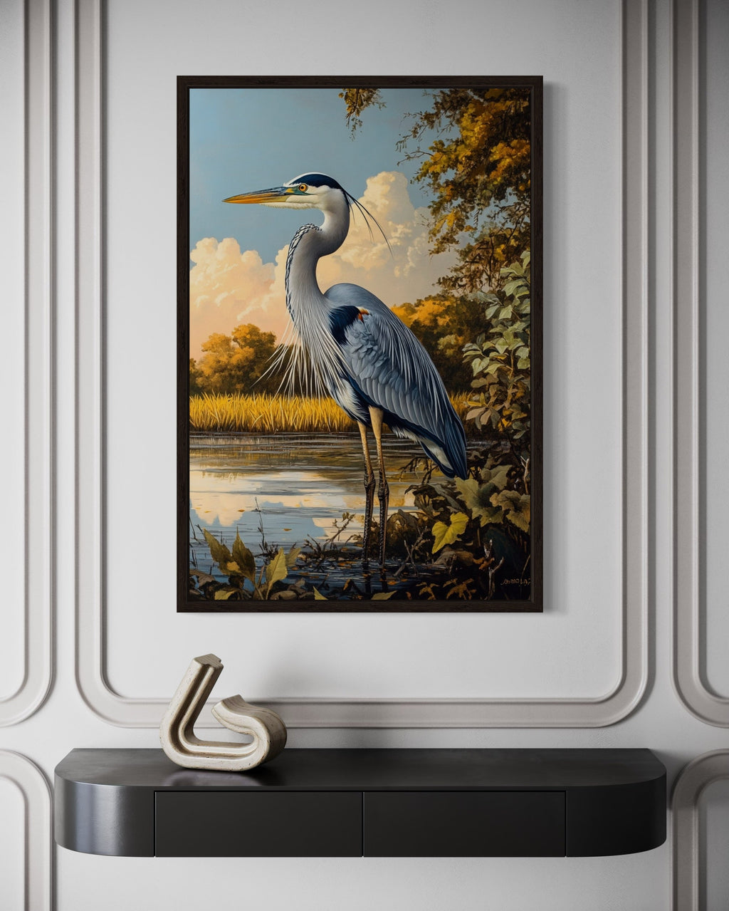 Great Blue Heron In Marshland Framed Canvas Wall Art