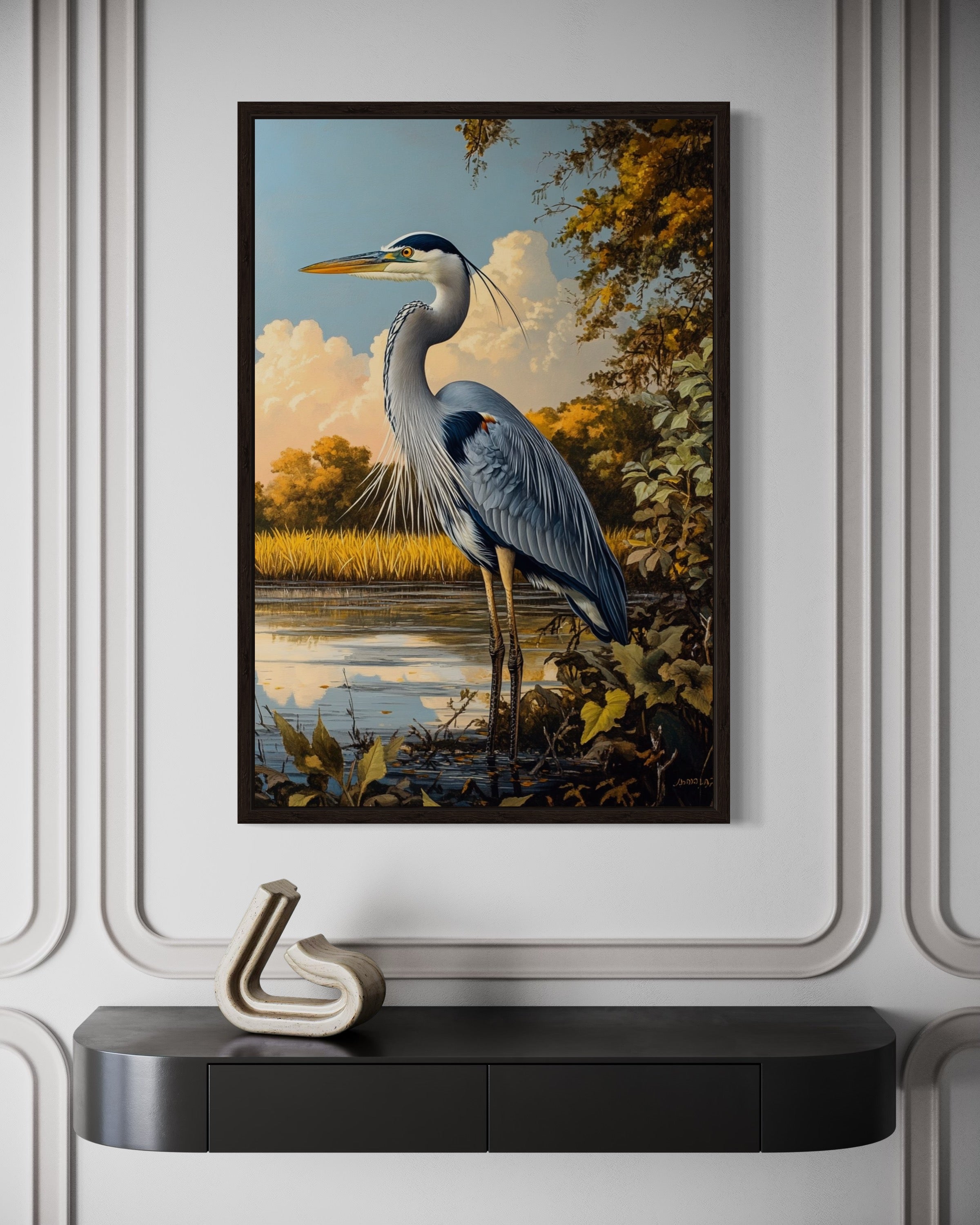Great Blue Heron In Marshland Framed Canvas Wall Art