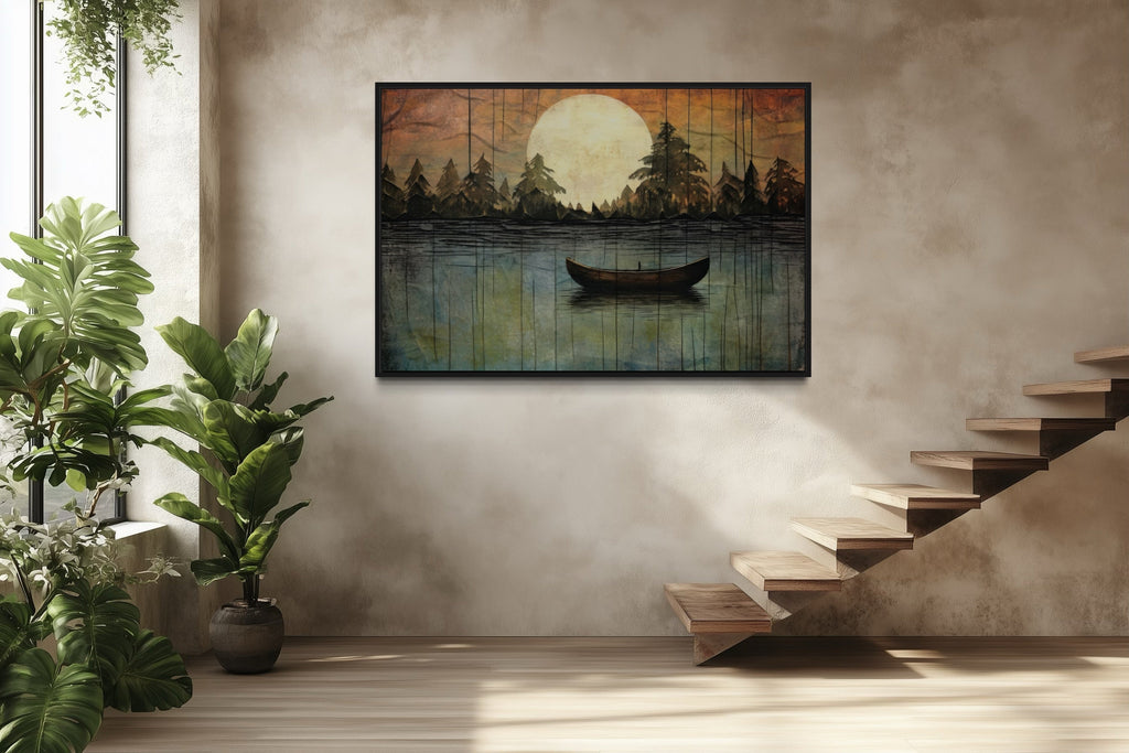 Great Outdoors Nature Lake Moon Boat Framed Canvas Wall Art