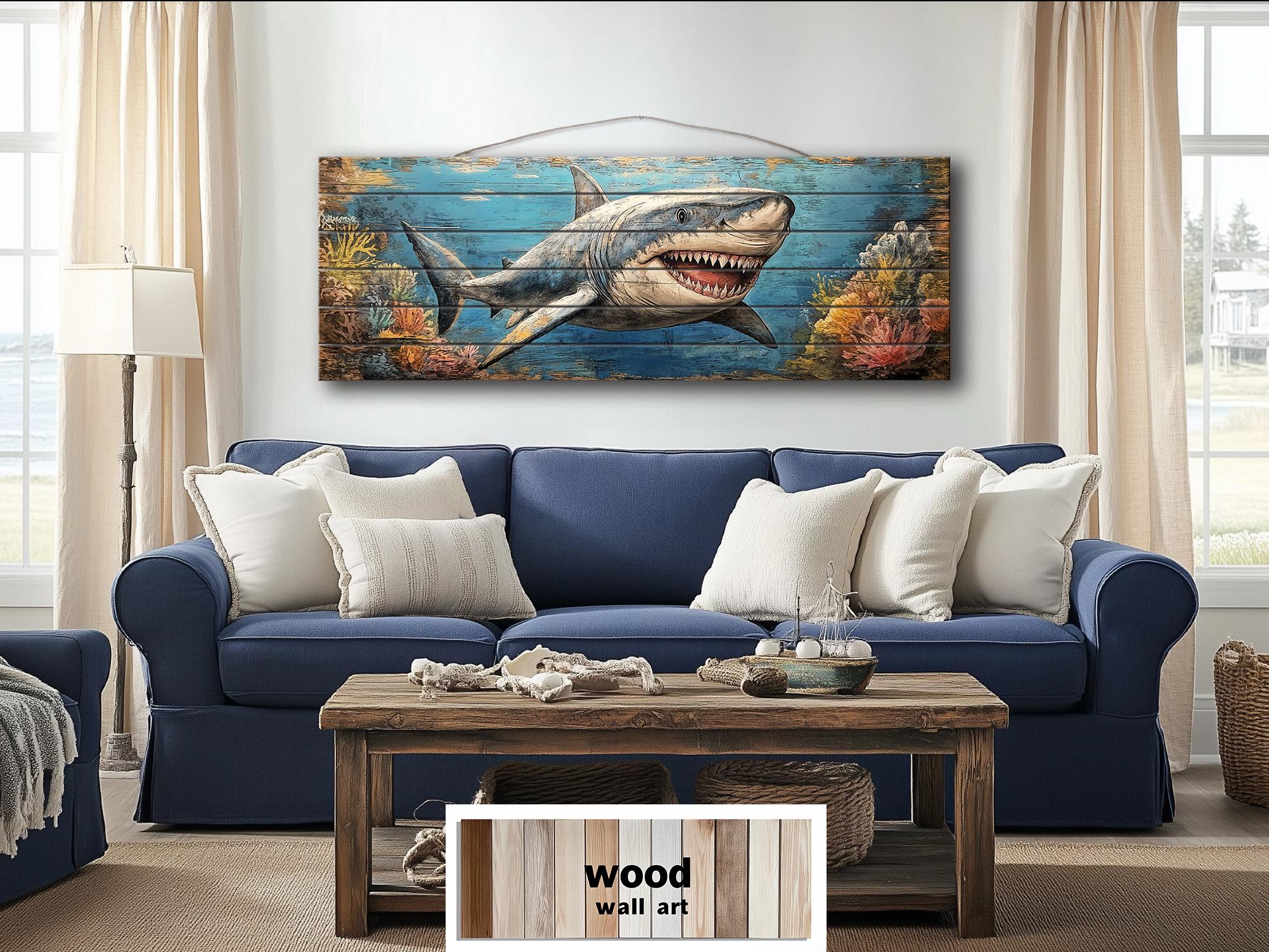 Great White Shark In Coral Reef Distressed Wood Wall Art - Nautical Narrow Wall Decor