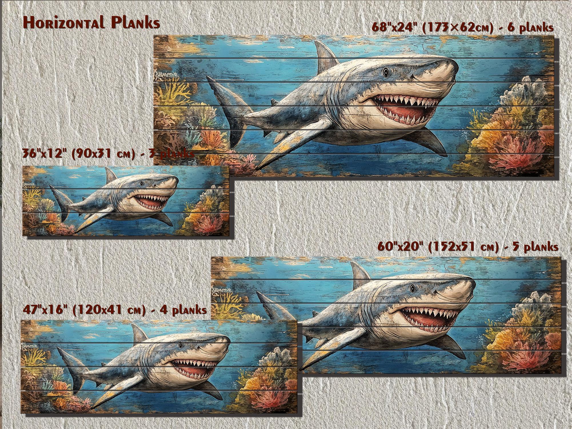 Great White Shark In Coral Reef Distressed Wood Wall Art - Nautical Narrow Wall Decor