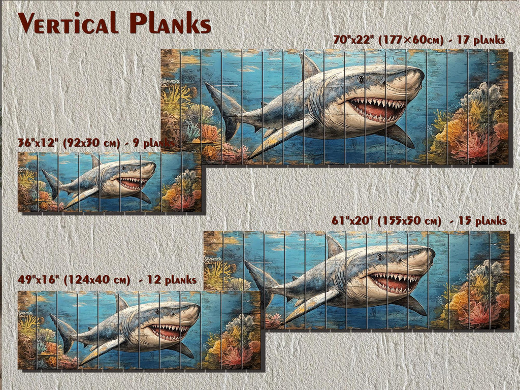 Great White Shark In Coral Reef Distressed Wood Wall Art - Nautical Narrow Wall Decor