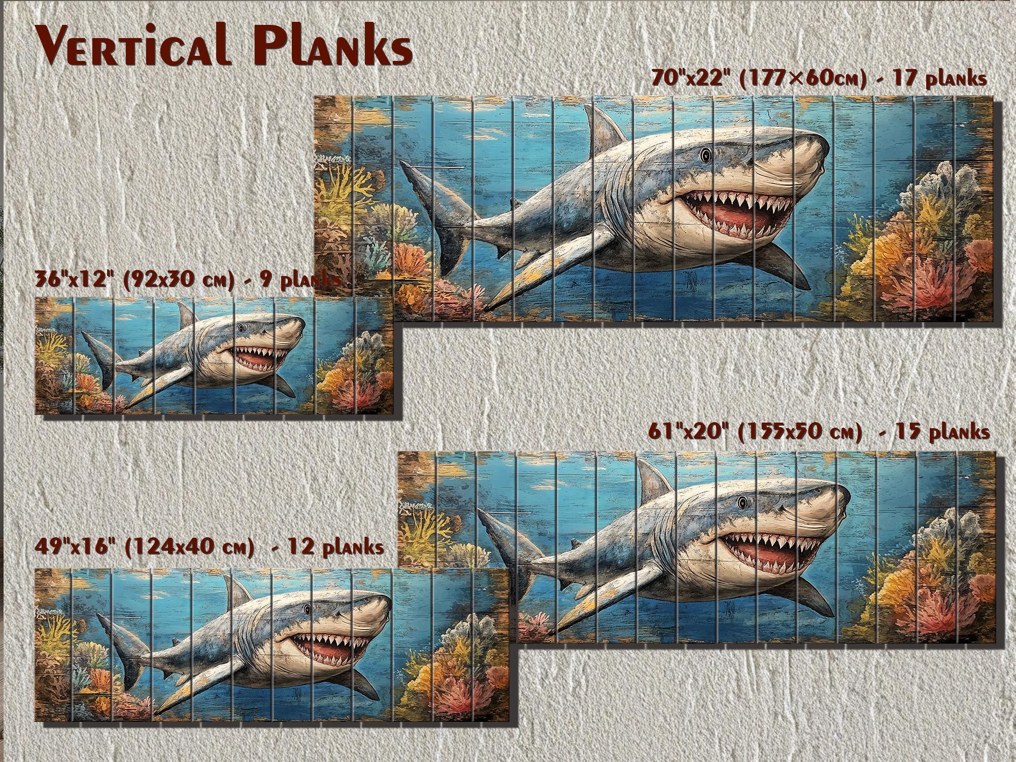 Great White Shark In Coral Reef Distressed Wood Wall Art - Nautical Narrow Wall Decor
