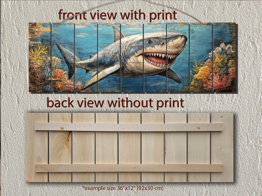 Great White Shark In Coral Reef Distressed Wood Wall Art - Nautical Narrow Wall Decor