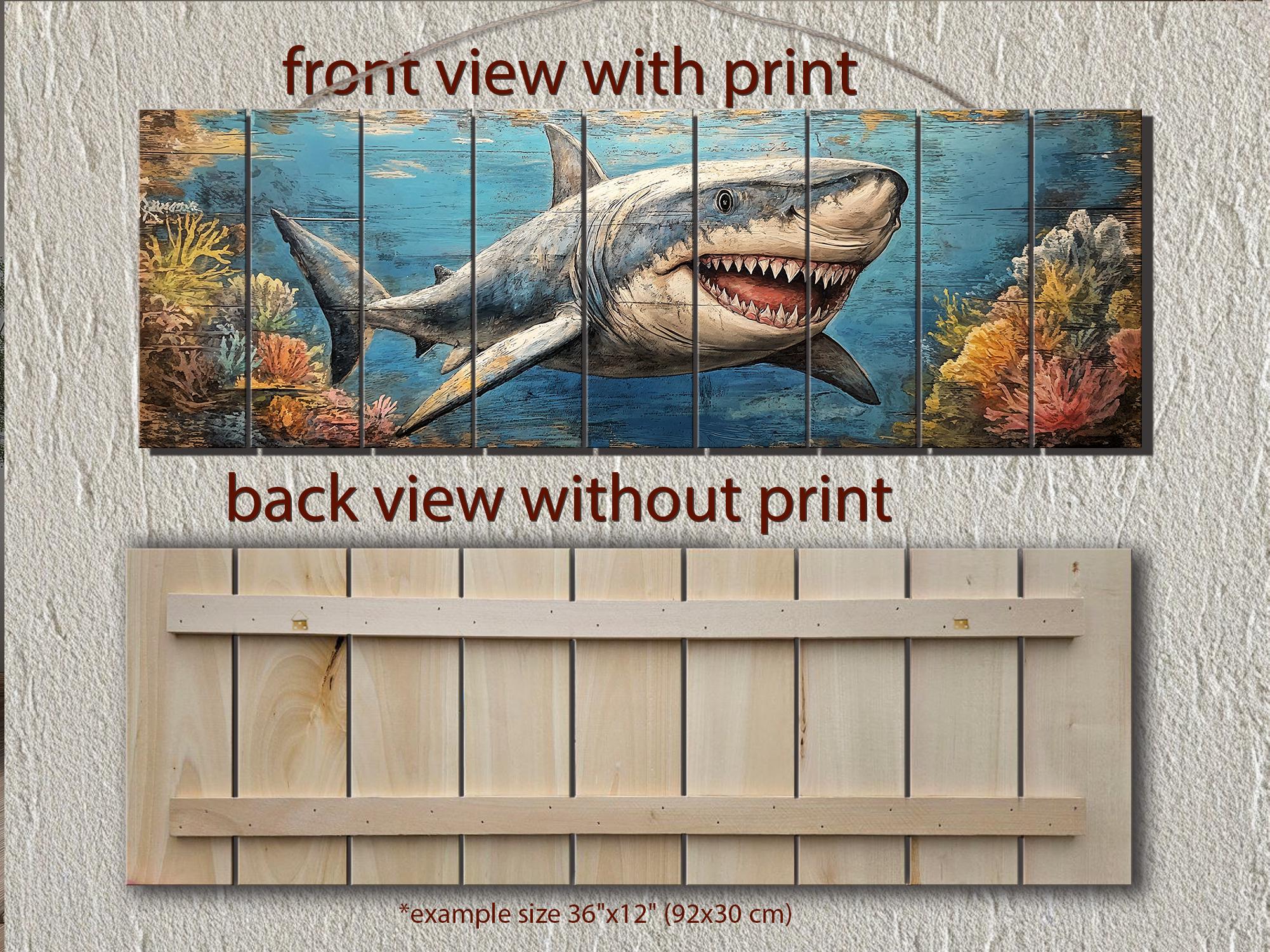 Great White Shark In Coral Reef Distressed Wood Wall Art - Nautical Narrow Wall Decor