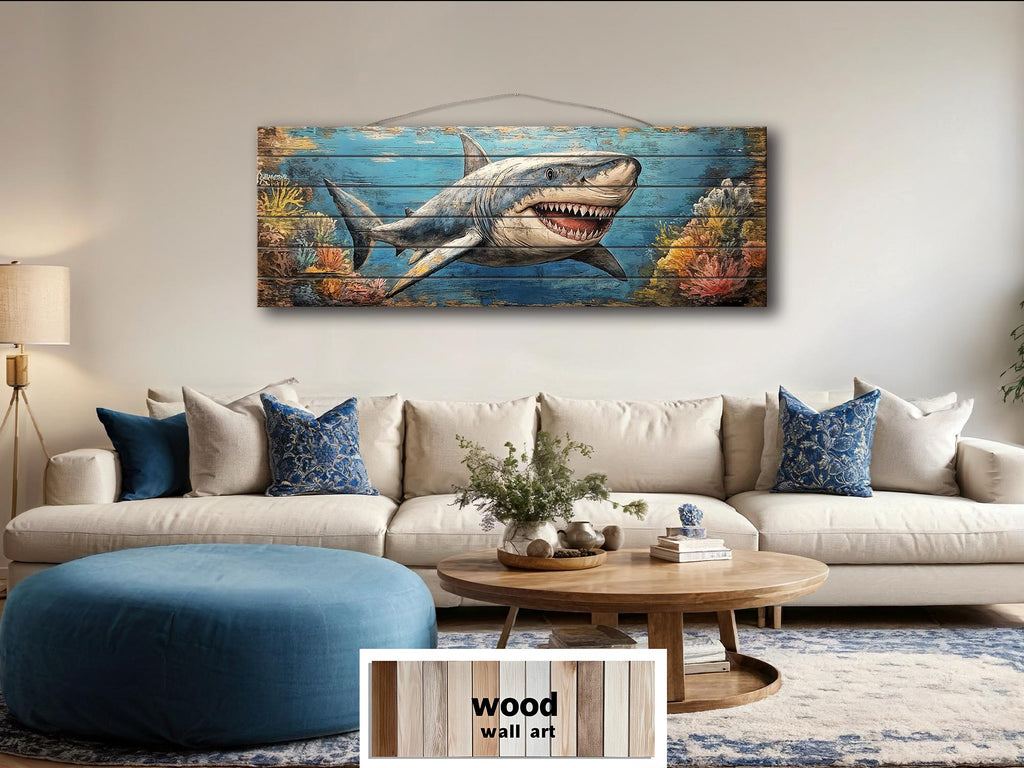 Great White Shark In Coral Reef Distressed Wood Wall Art - Nautical Narrow Wall Decor