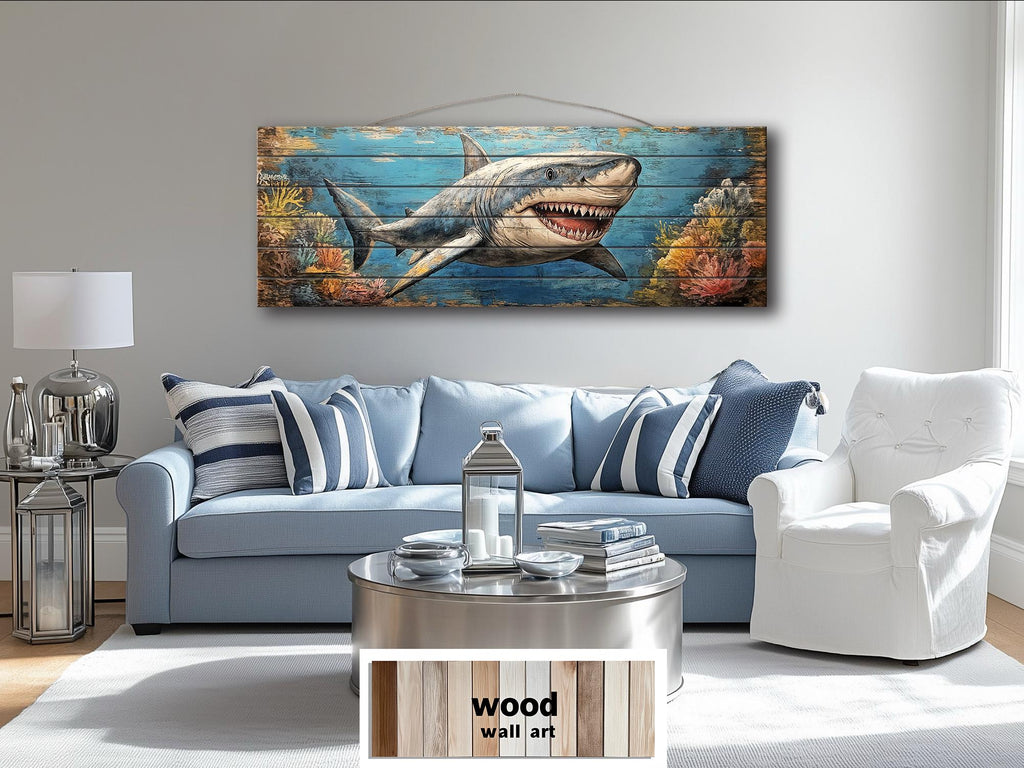 Great White Shark In Coral Reef Distressed Wood Wall Art - Nautical Narrow Wall Decor