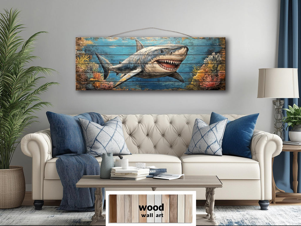 Great White Shark In Coral Reef Distressed Wood Wall Art - Nautical Narrow Wall Decor
