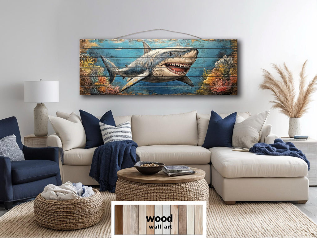Great White Shark In Coral Reef Distressed Wood Wall Art - Nautical Narrow Wall Decor