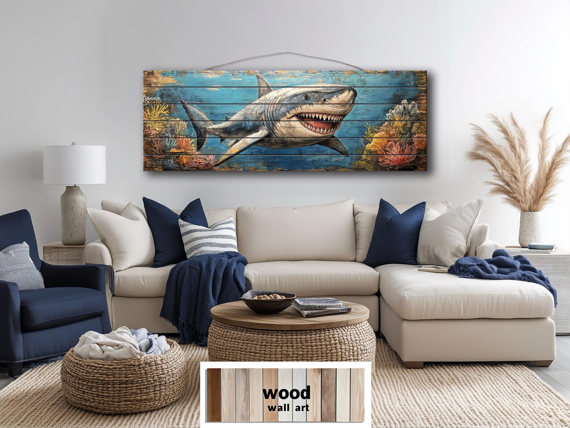 Great White Shark In Coral Reef Distressed Wood Wall Art - Nautical Narrow Wall Decor