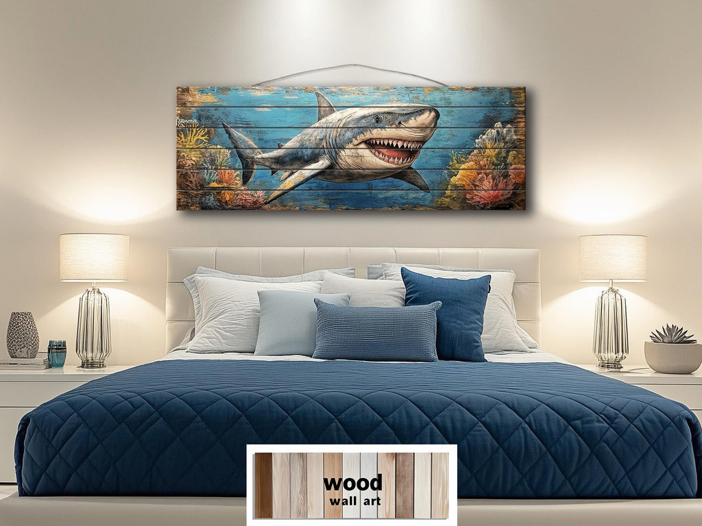 Great White Shark In Coral Reef Distressed Wood Wall Art - Nautical Narrow Wall Decor