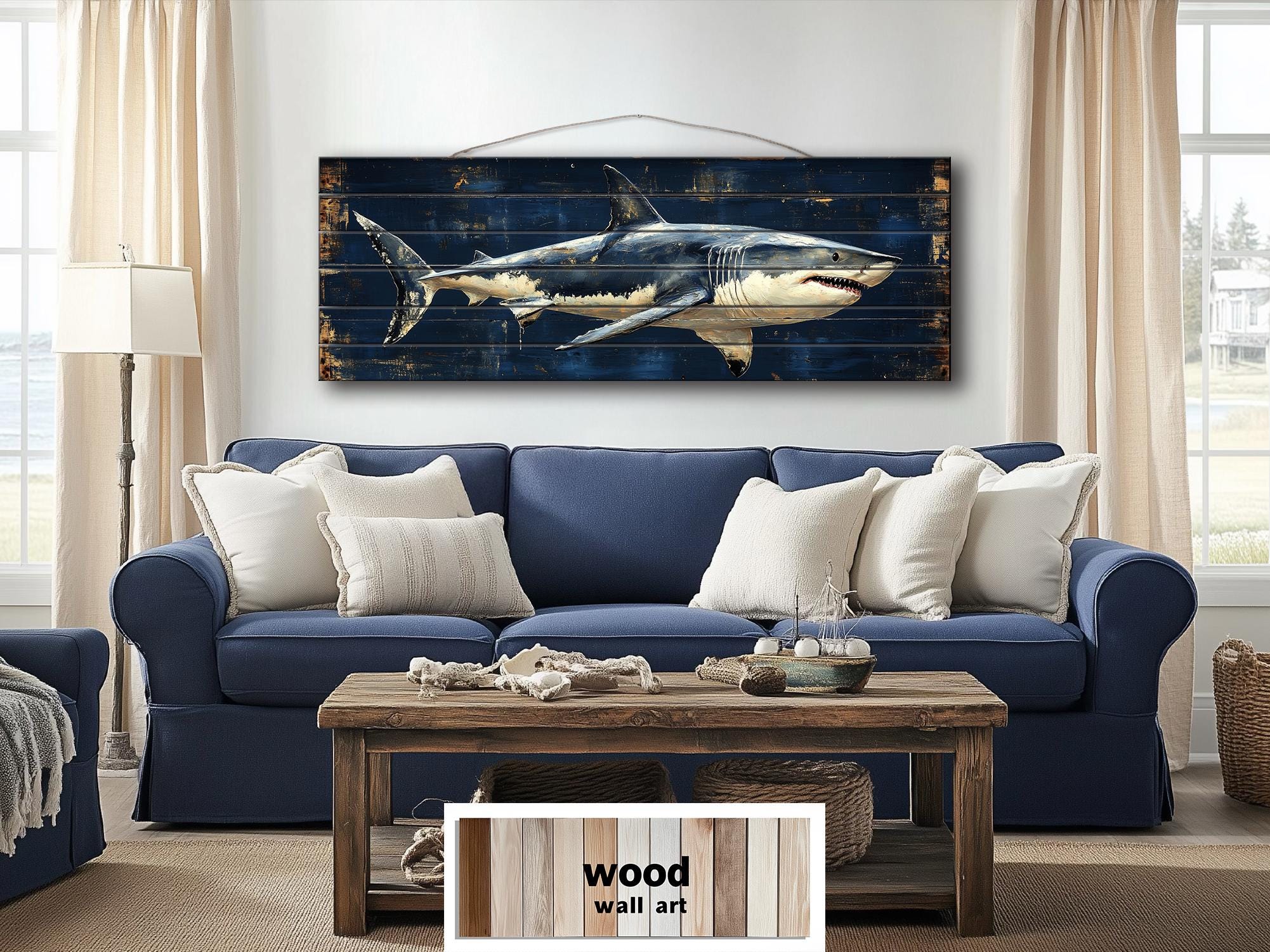 Great White Shark Long Horizontal Real Wood Wall Art