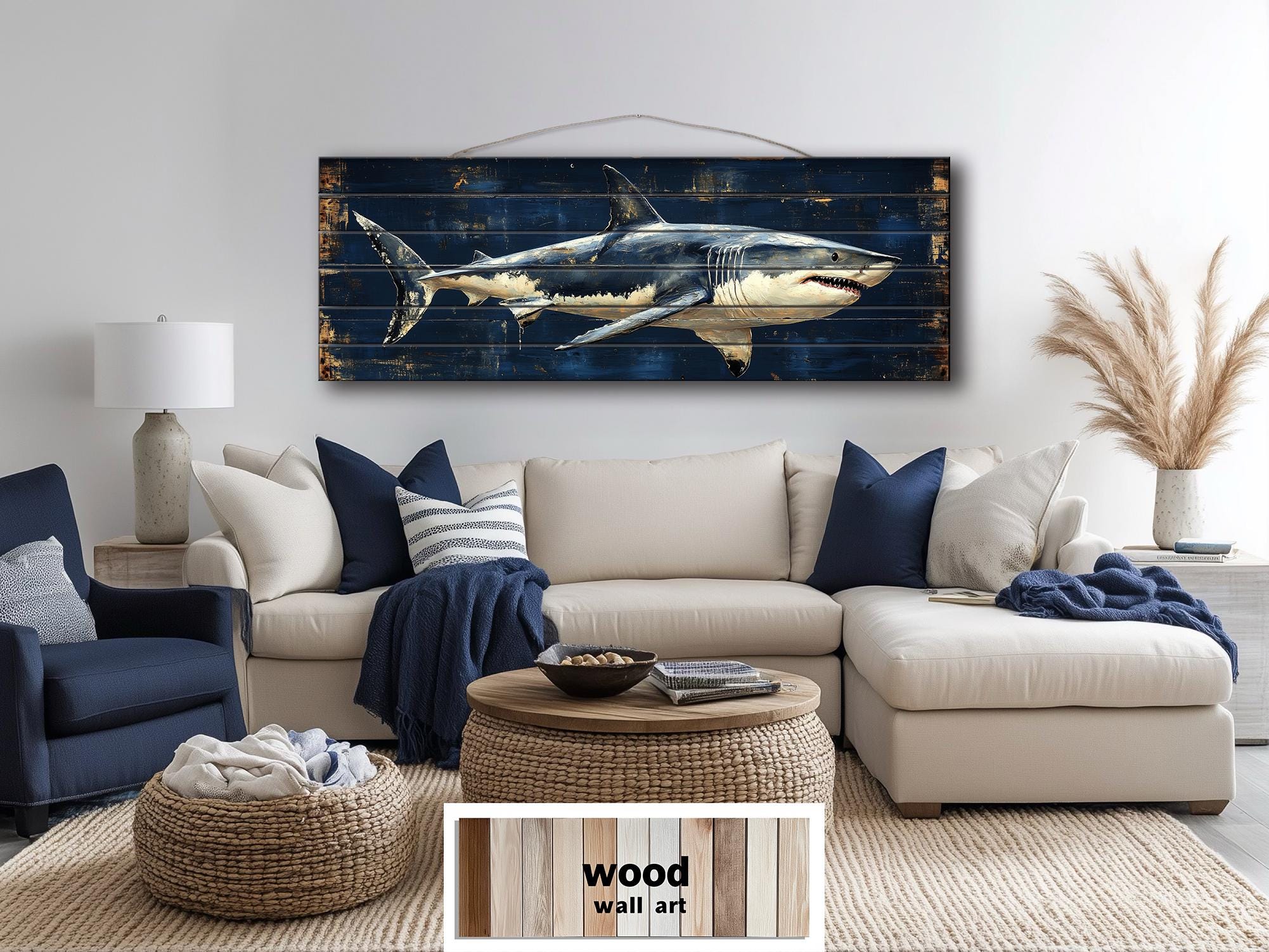 Great White Shark Long Horizontal Real Wood Wall Art