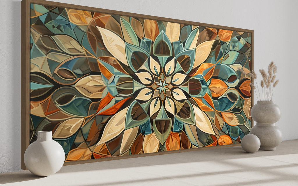 Green Blue Beige Orange Earth Tones Mandala Framed Canvas Wall Art