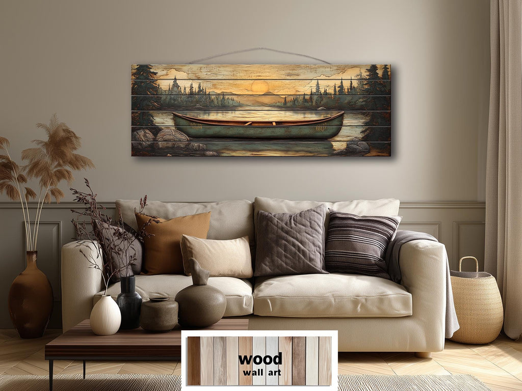 Green Canoe Long Horizontal Distressed Wood Wall Art