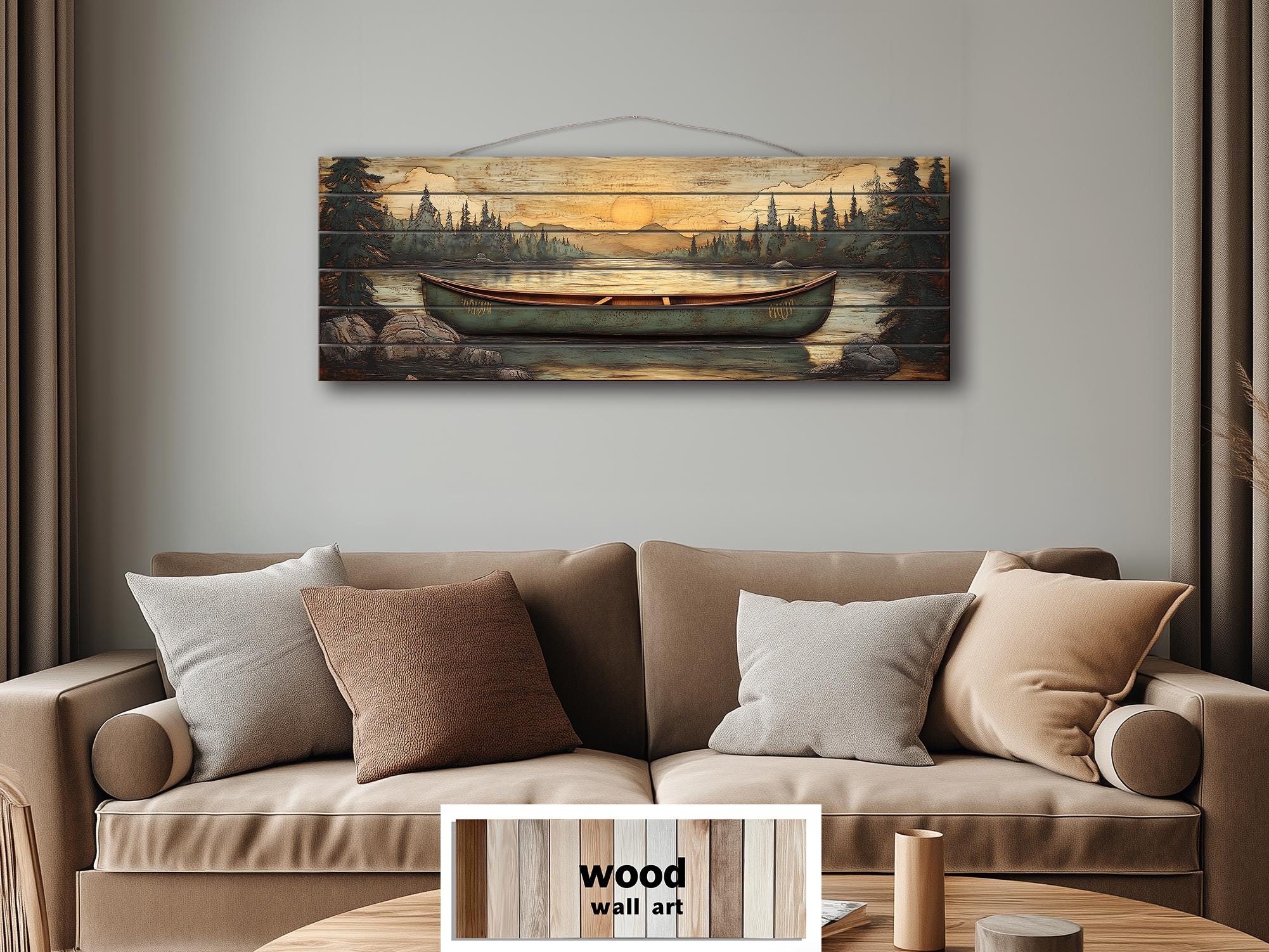 Green Canoe Long Horizontal Distressed Wood Wall Art