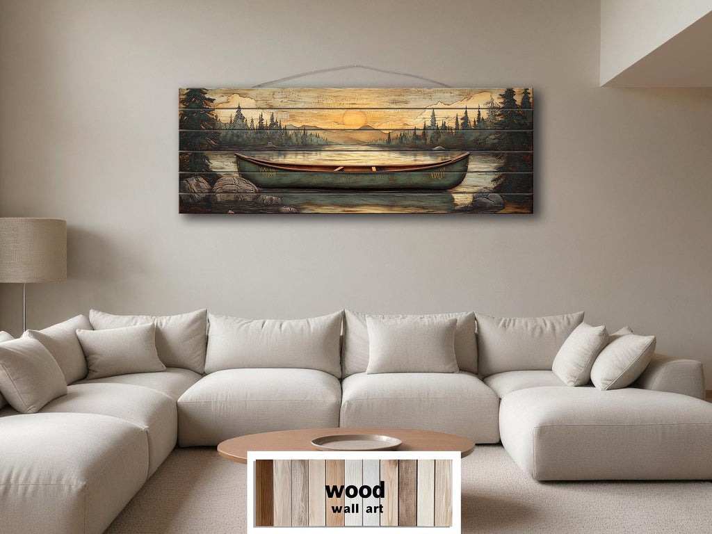 Green Canoe Long Horizontal Distressed Wood Wall Art