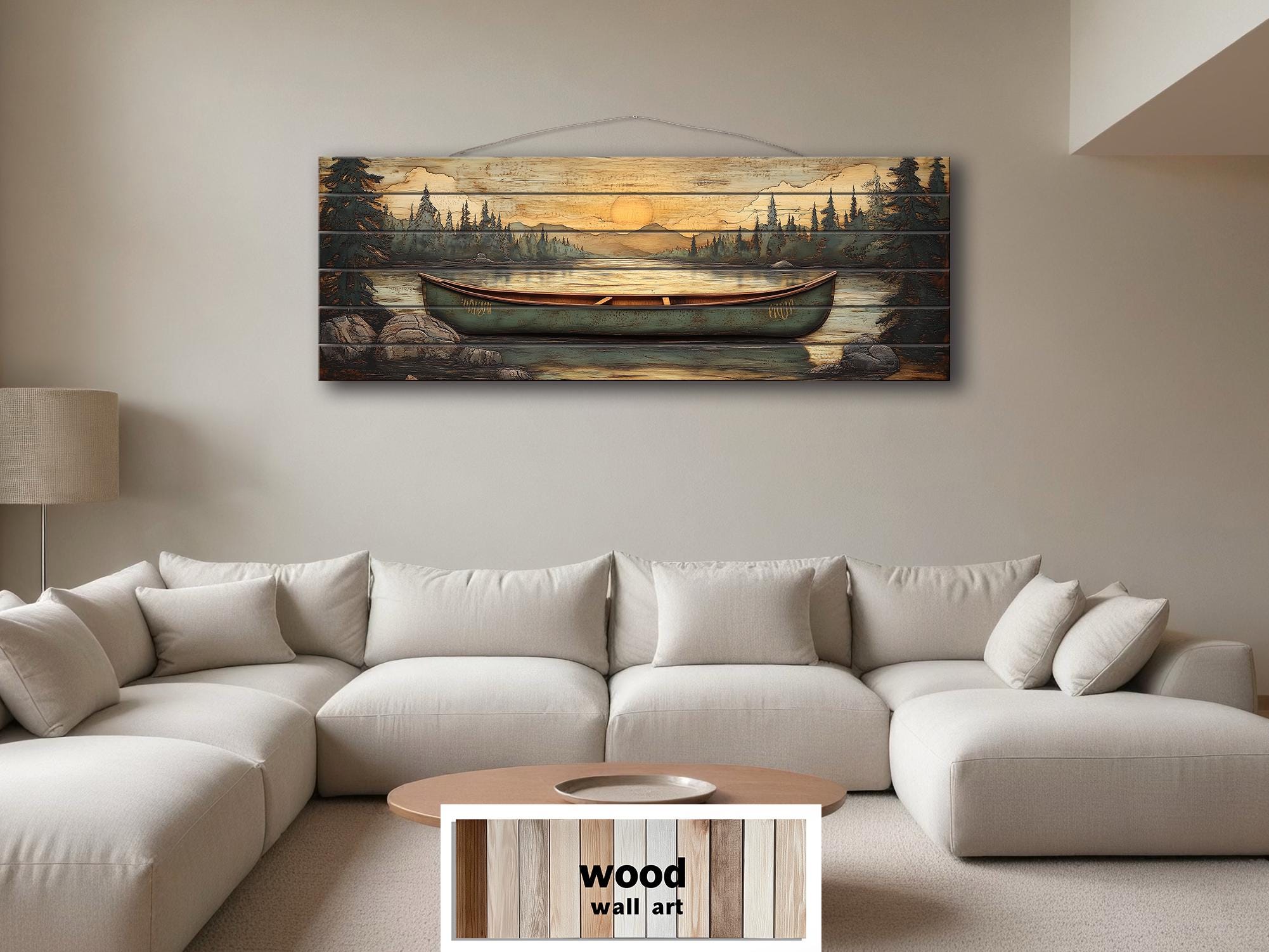 Green Canoe Long Horizontal Distressed Wood Wall Art
