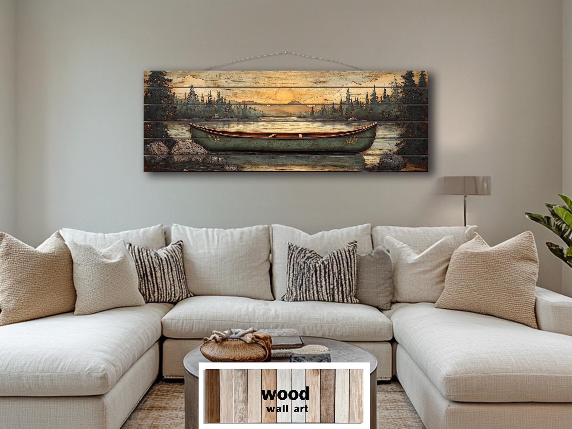 Green Canoe Long Horizontal Distressed Wood Wall Art