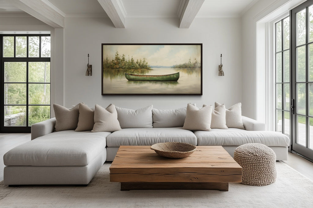 Green Canoe Wall Art – Rustic Cabin Decor | Framed Wood Canvas Painting