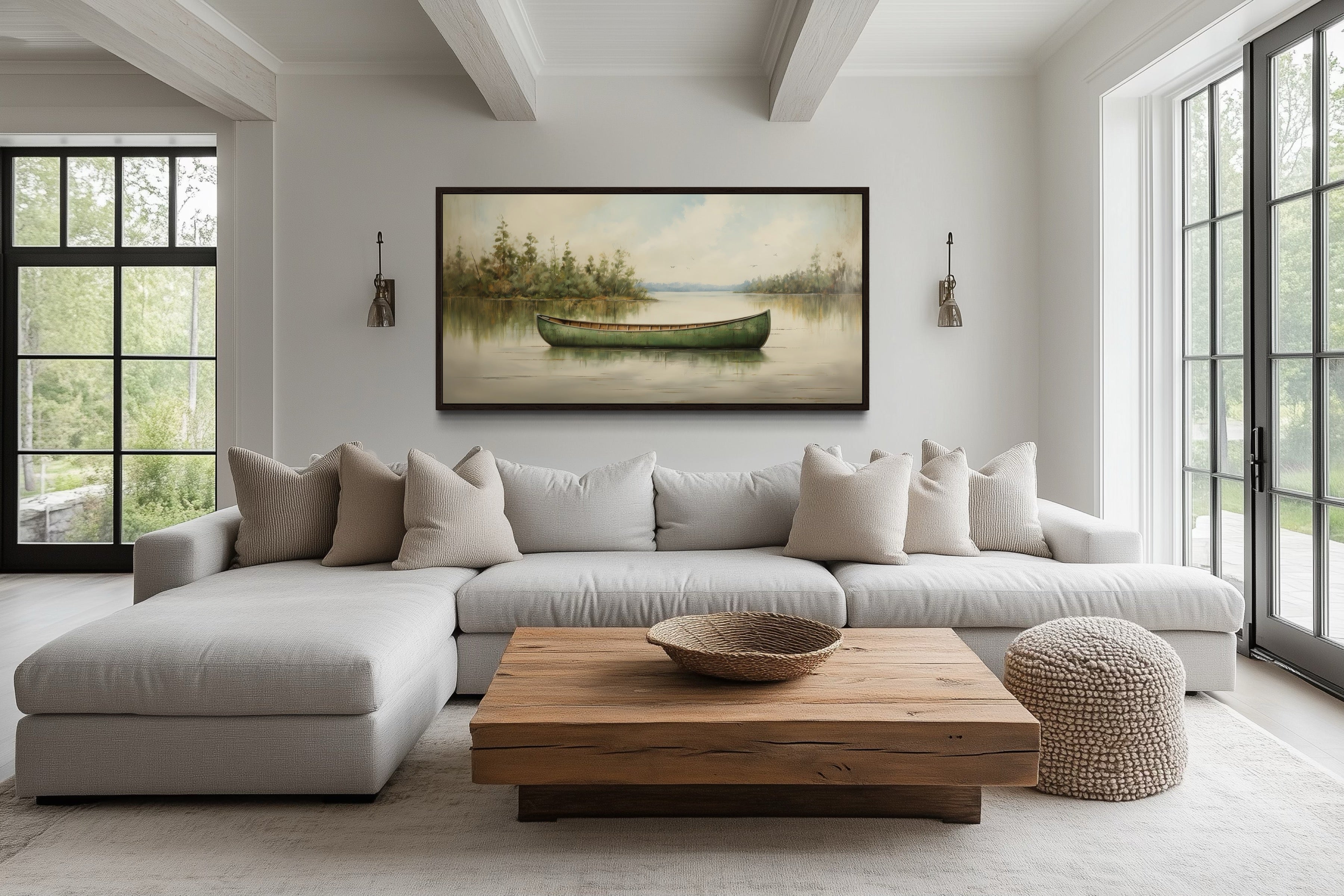 Green Canoe Wall Art – Rustic Cabin Decor | Framed Wood Canvas Painting