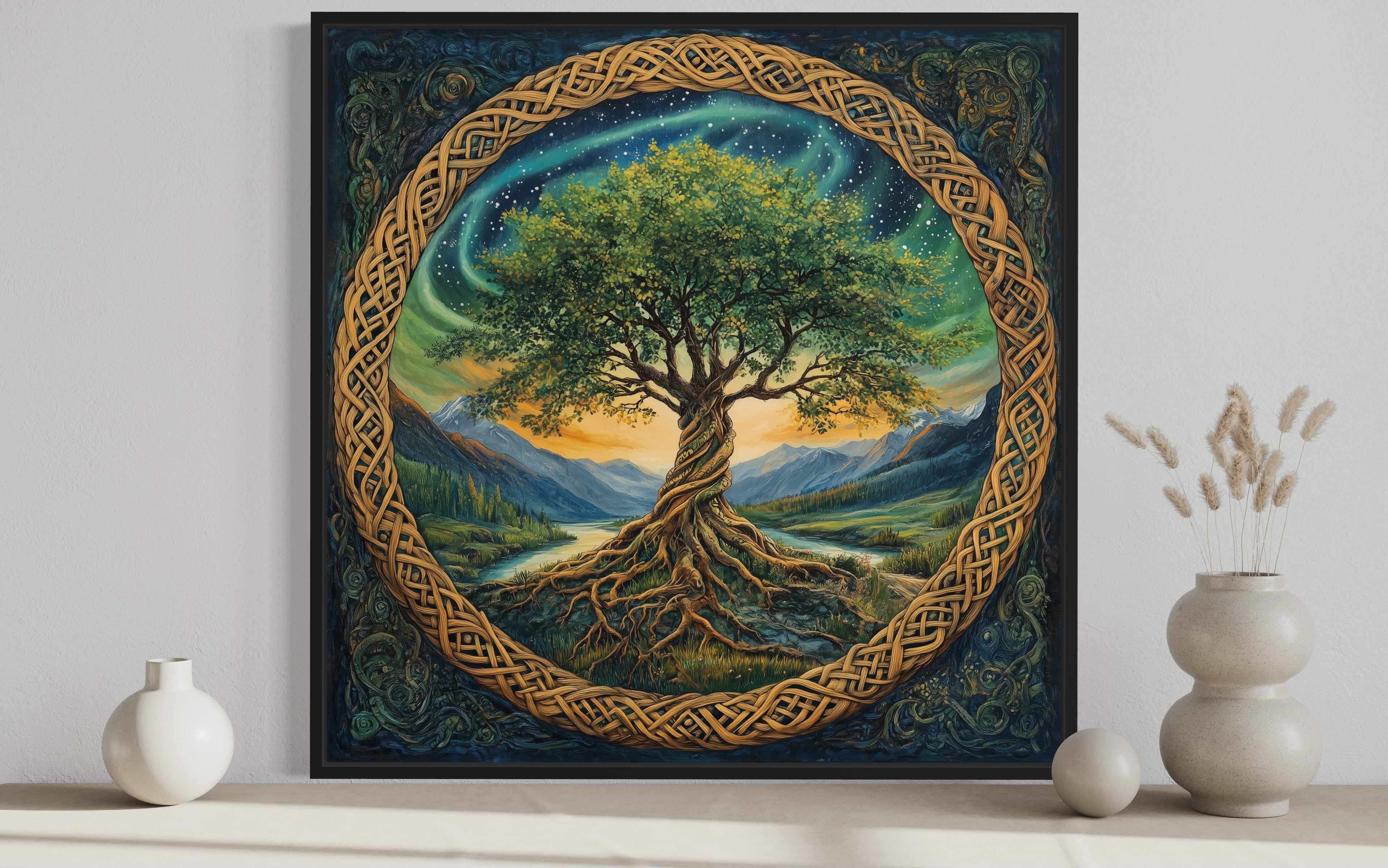 Green Celtic Tree Of Life Framed Canvas Wall Art