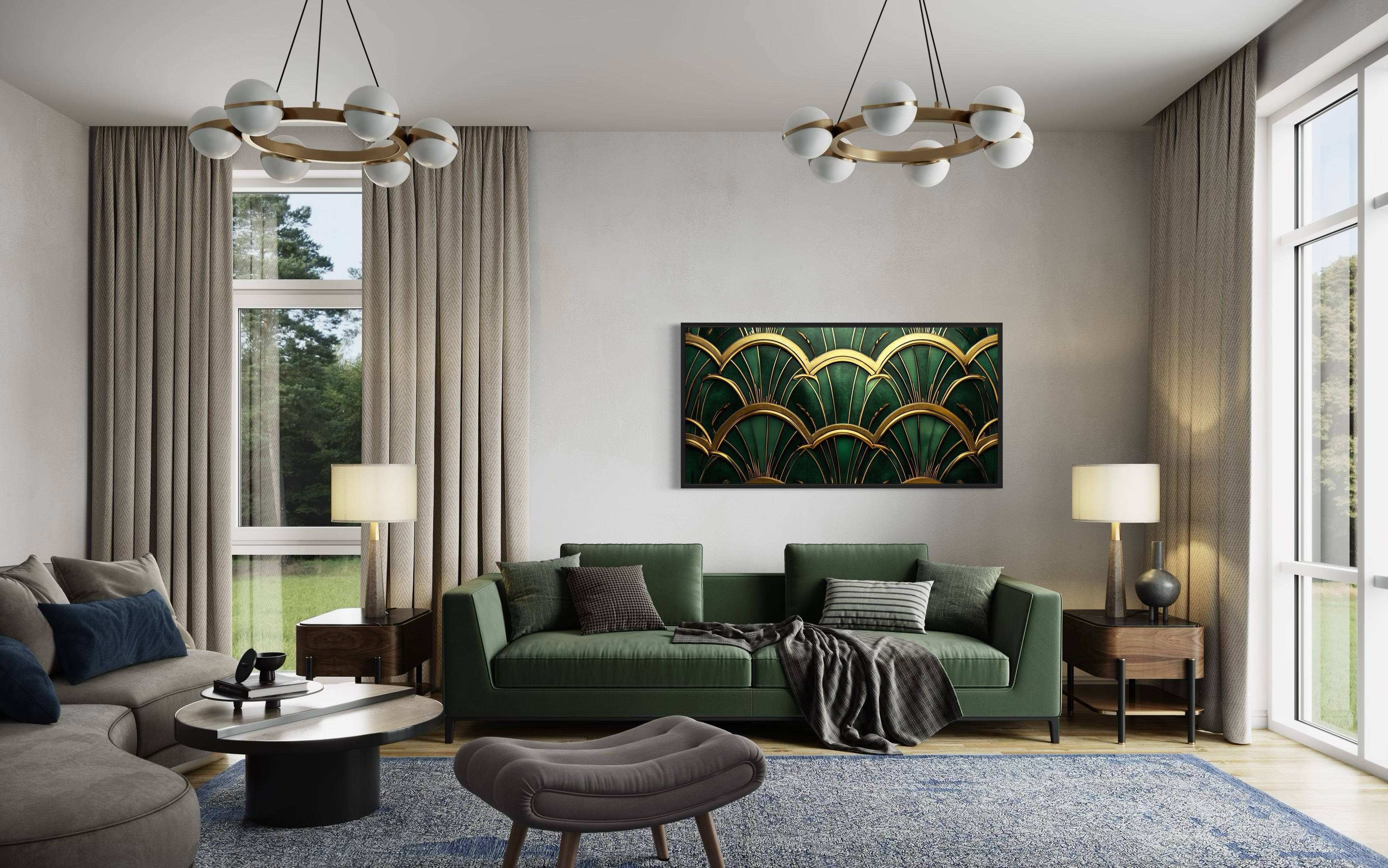 Green Gold Art Deco Horizontal Framed Canvas Wall Art
