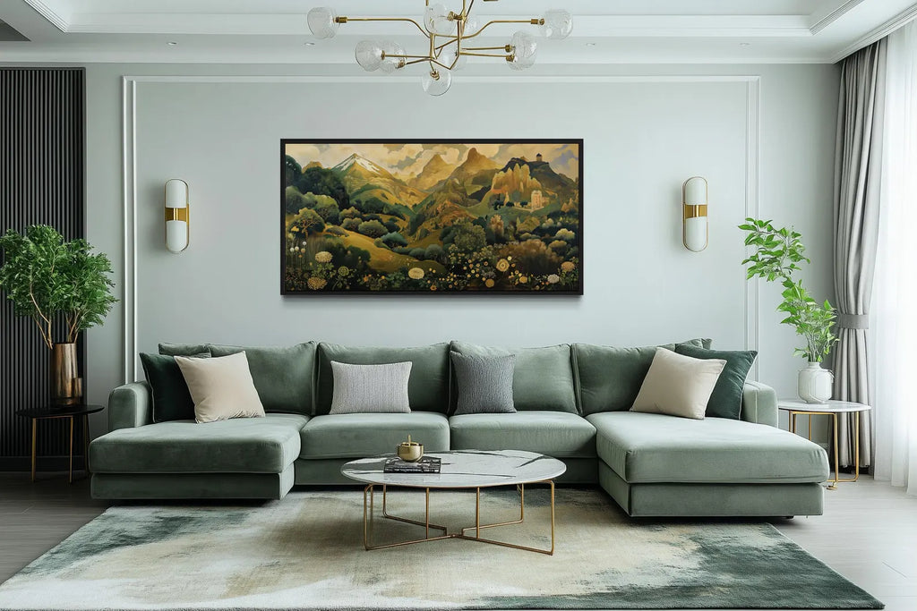 Green Gold Art Nouveau Floral Landscape Framed Canvas Wall Art