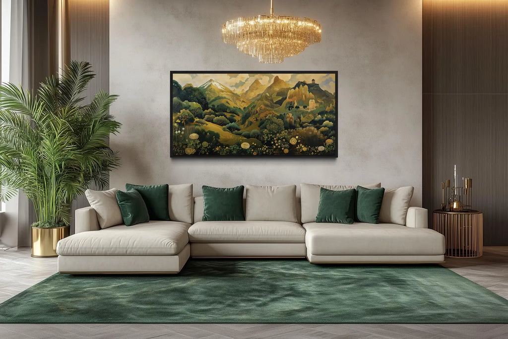 Green Gold Art Nouveau Floral Landscape Framed Canvas Wall Art