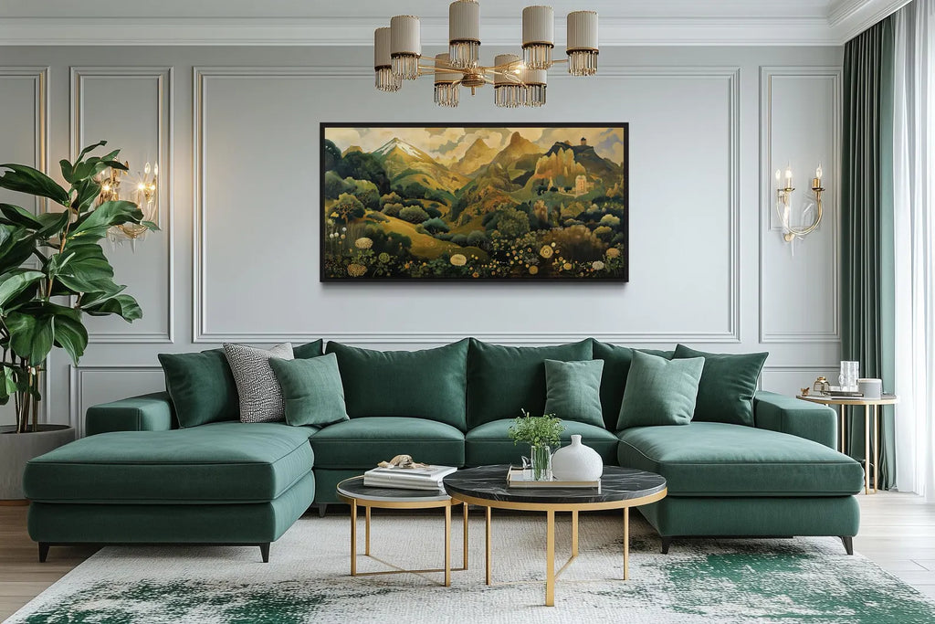 Green Gold Art Nouveau Floral Landscape Framed Canvas Wall Art