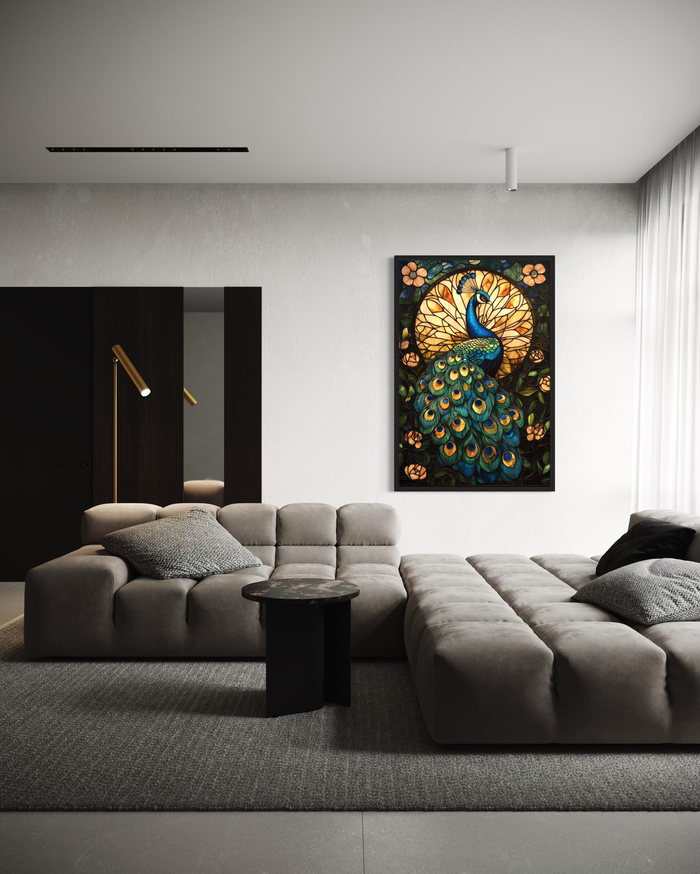 Green Gold Peacock Stained Glass Style Canvas Wall Art