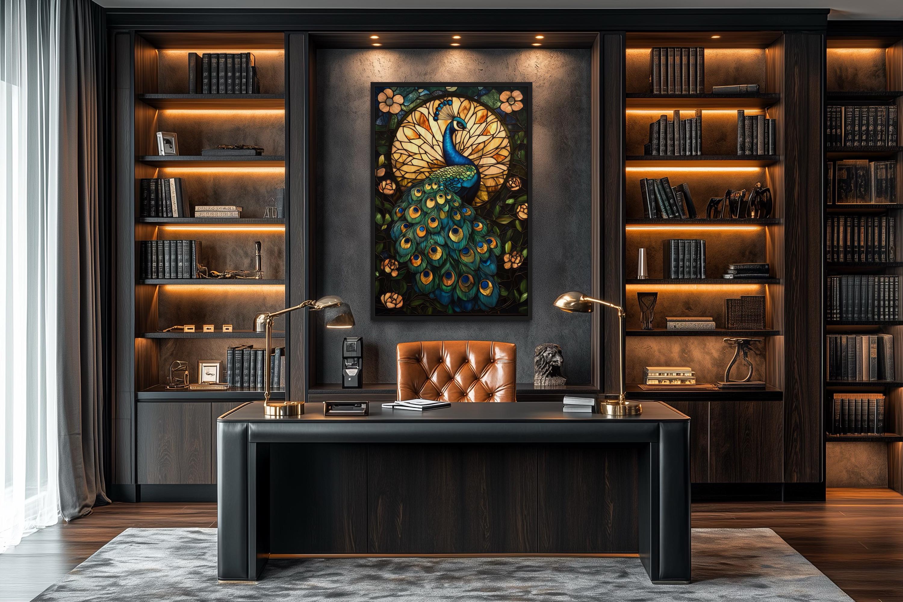Green Gold Peacock Stained Glass Style Canvas Wall Art