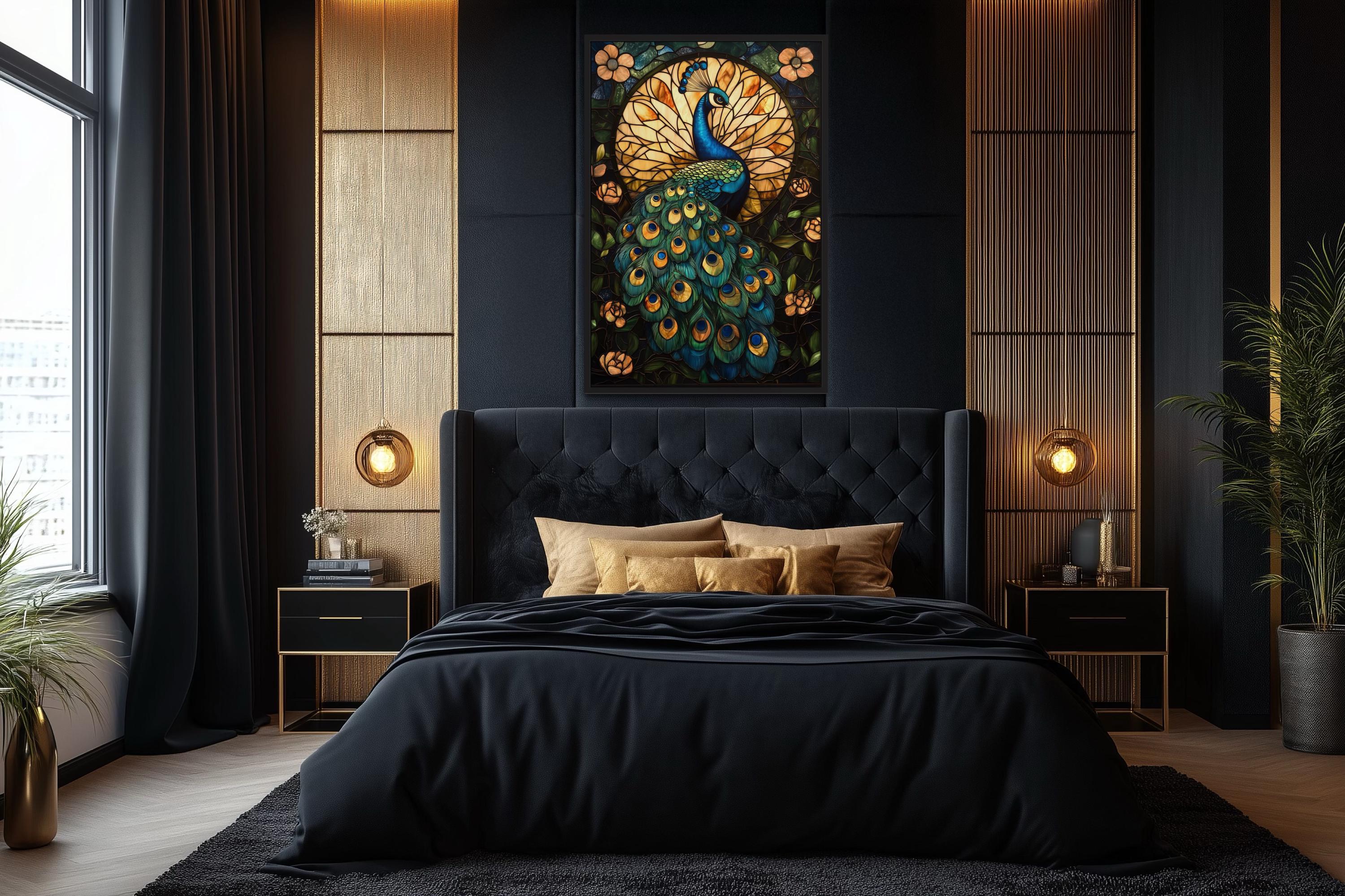 Green Gold Peacock Stained Glass Style Canvas Wall Art