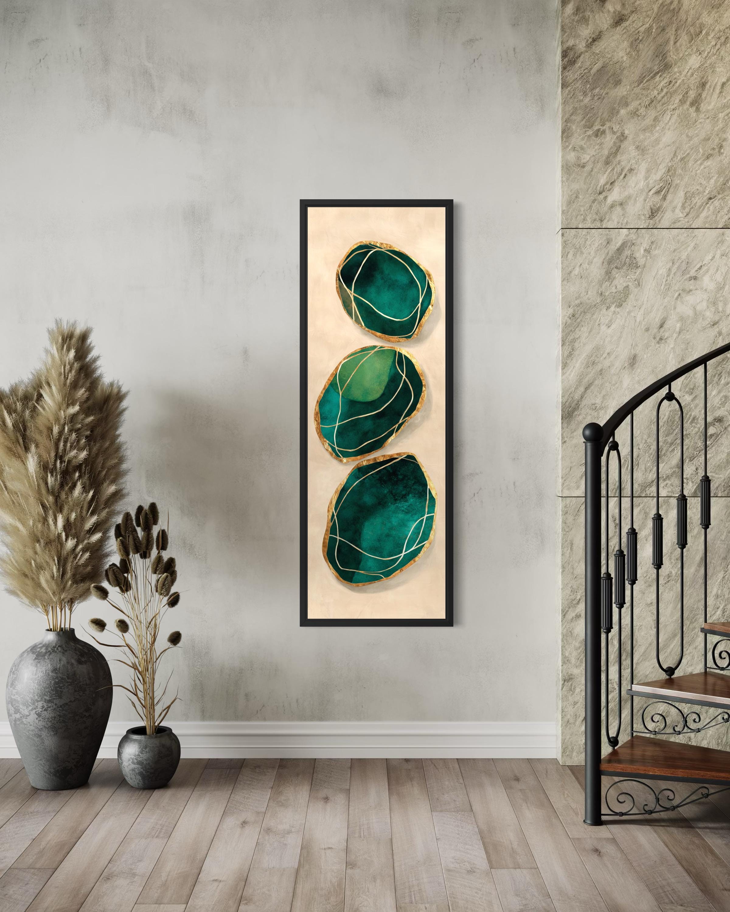 Green Gold Wall Art – Vertical Abstract Stones Painting | Modern Canvas Print for Living Room