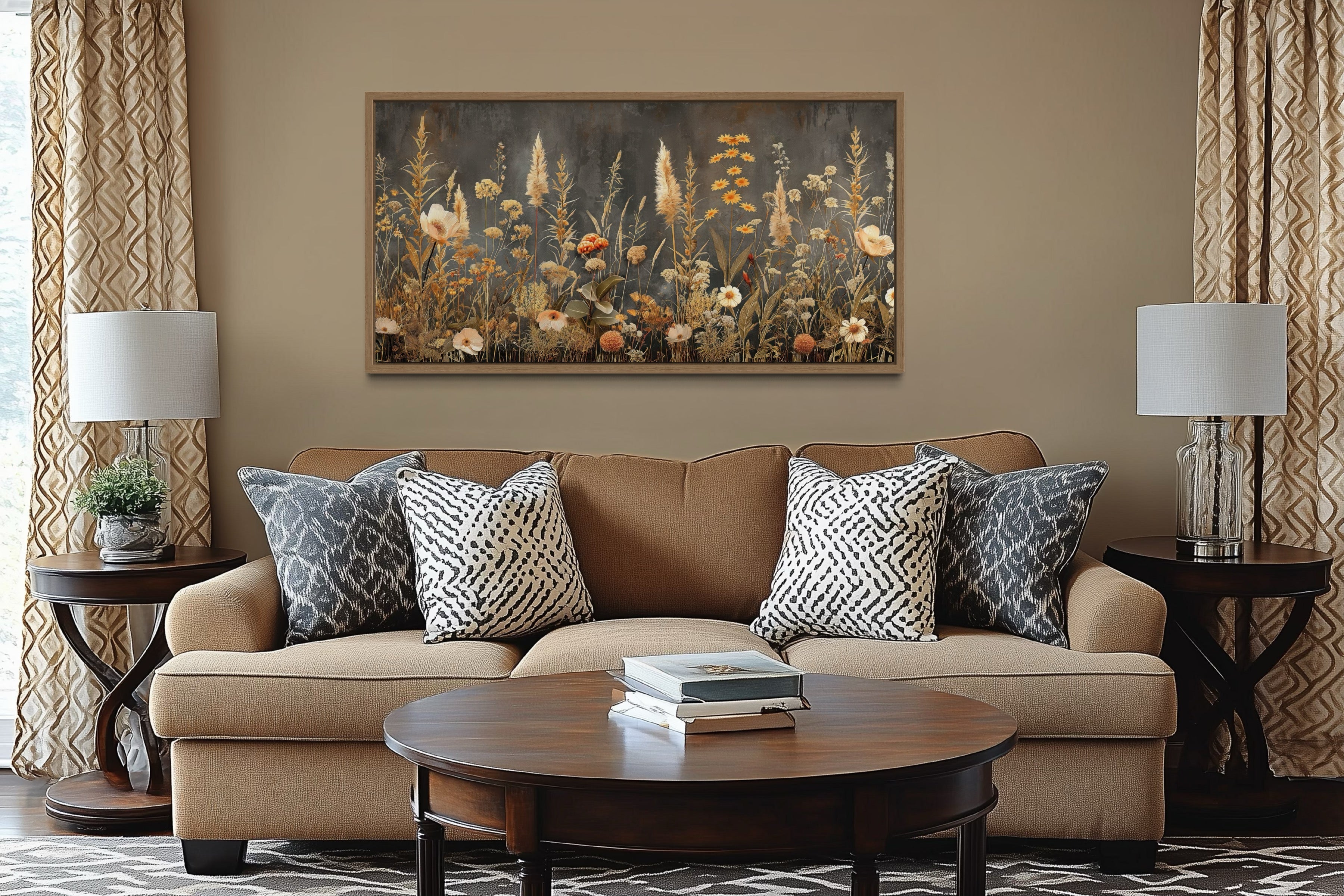 Grey Beige Grey Boho Wildflowers Field Framed Canvas Wall Art