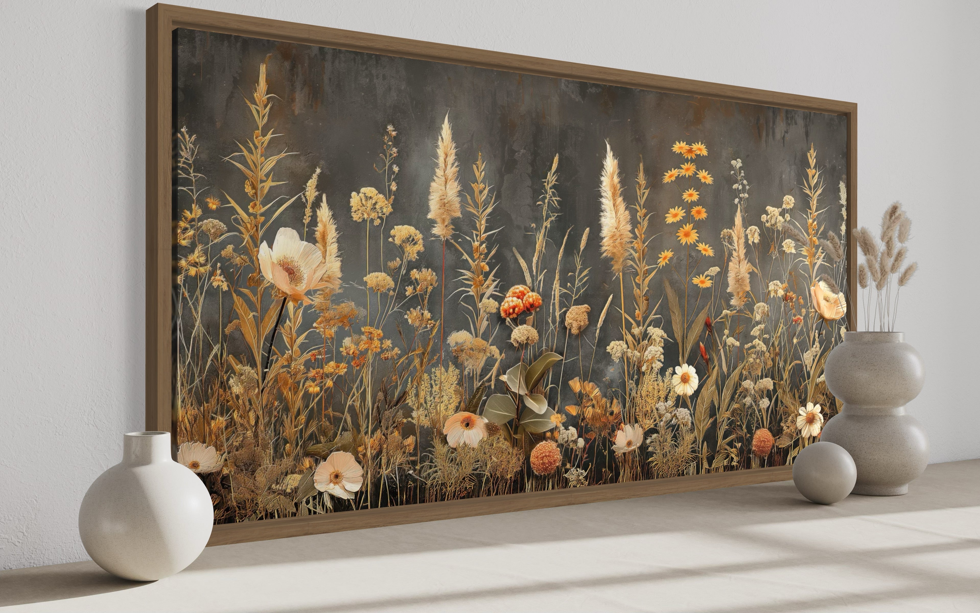 Grey Beige Grey Boho Wildflowers Field Framed Canvas Wall Art