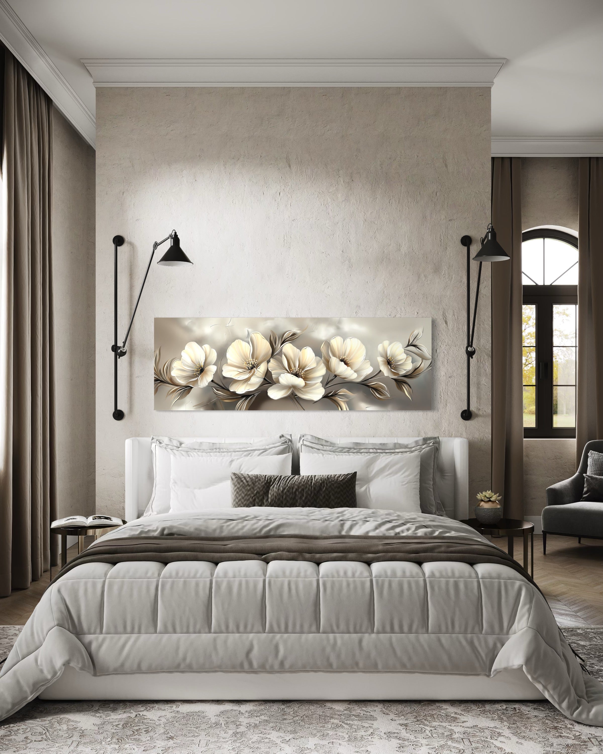 Grey Beige Ivory Large Abstract Flowers Long Horizontal Wall Art