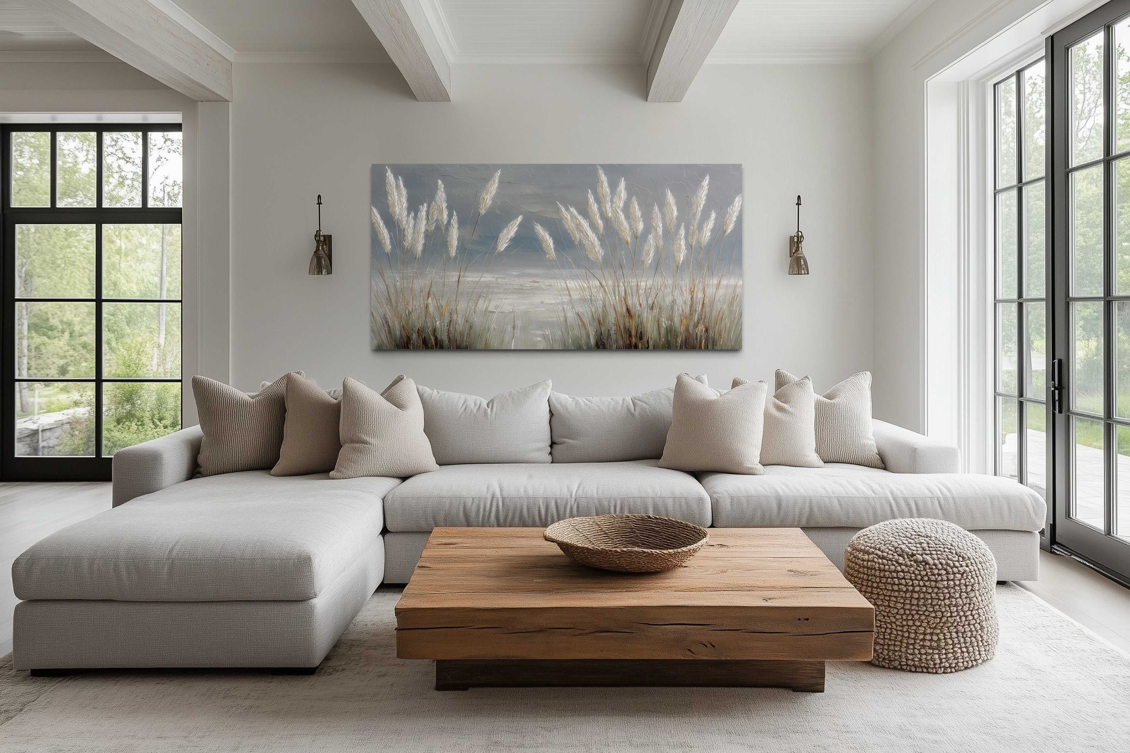 Grey Boho Beach Grass Coastal Framed Canvas Wall Art