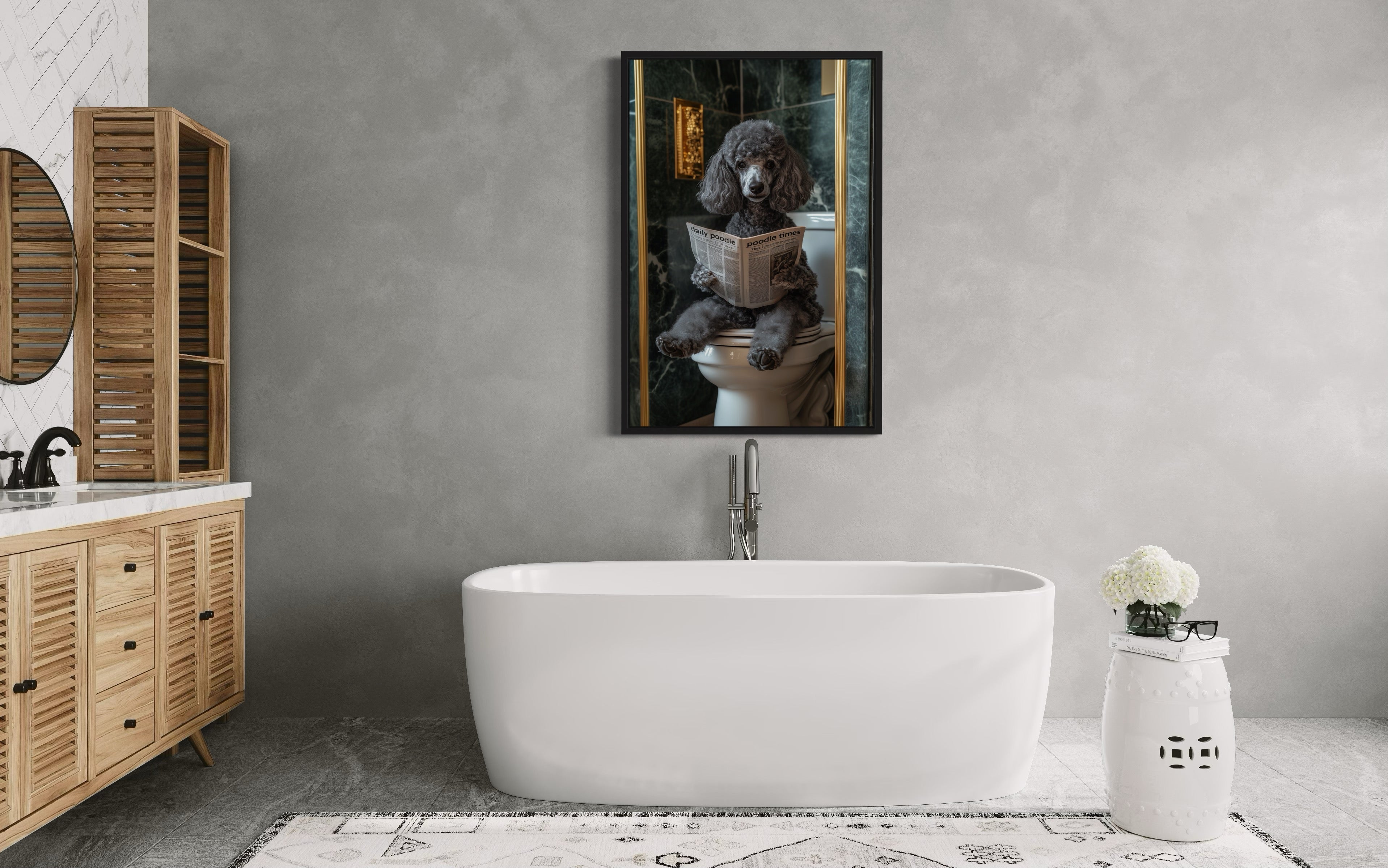 Grey Medium Poodle On Toilet Reading Newspaper Picture